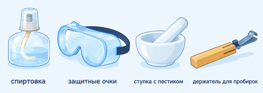 оборудование в кабинете химии: спиртовка, защитные очки, ступка с пестиком, держатель для пробирок