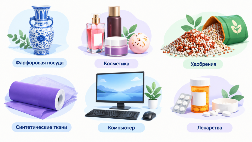 Примеры применения химии: фарфоровая посуда, косметика, удобрения, синтетические ткани, компьютер и лекарства.