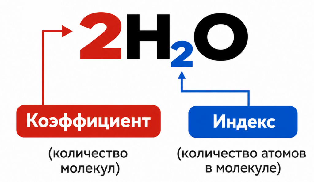 химическая формула воды, подпись коэффициент 2 молекулы, индекс