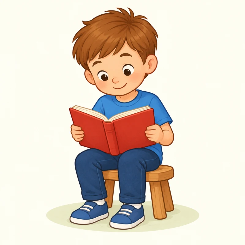Мальчик читает раскрытую книгу.