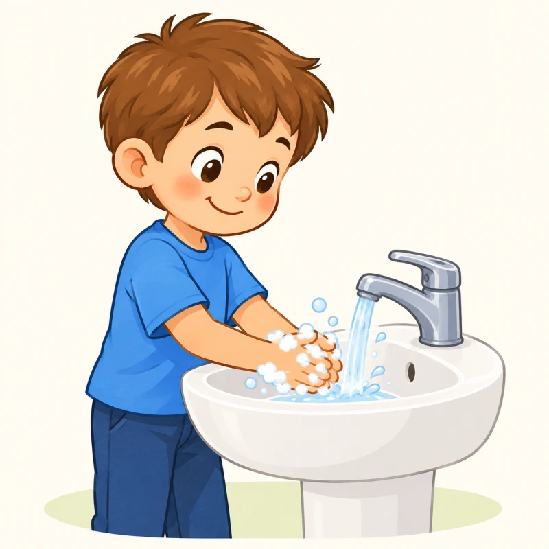 Мальчик моет руки под струей воды.