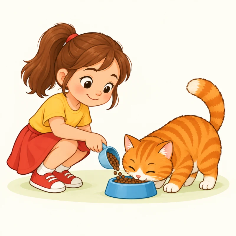 Девочка насыпает корм рыжему коту в миску.