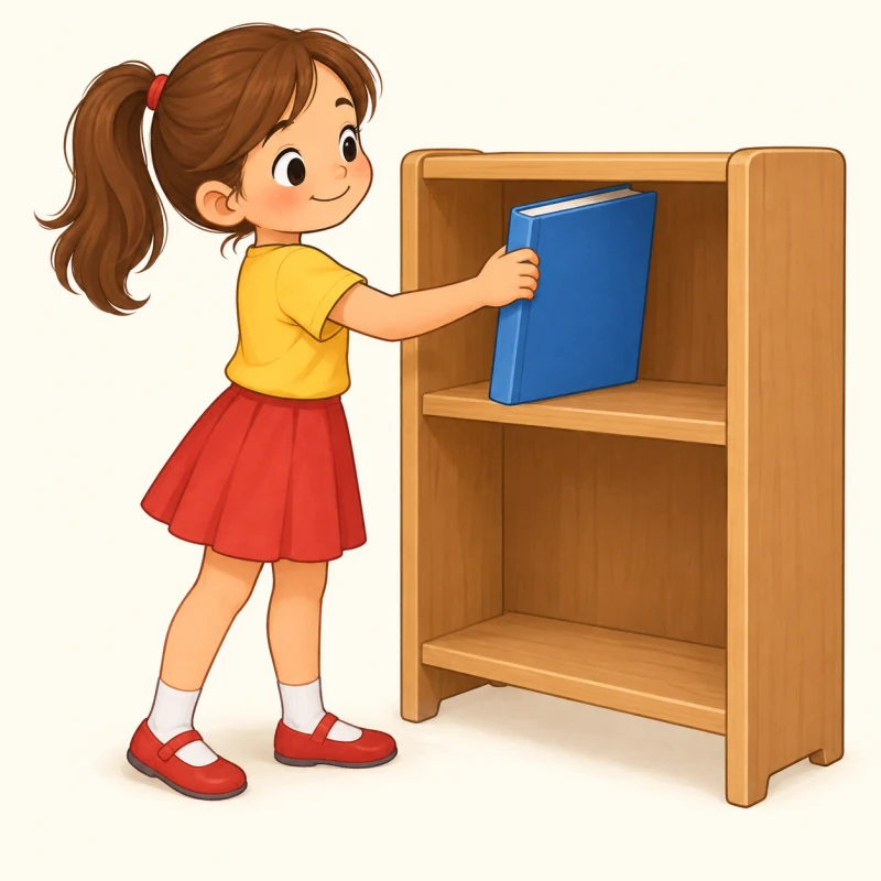 Девочка берет синюю книгу с верхней полки.
