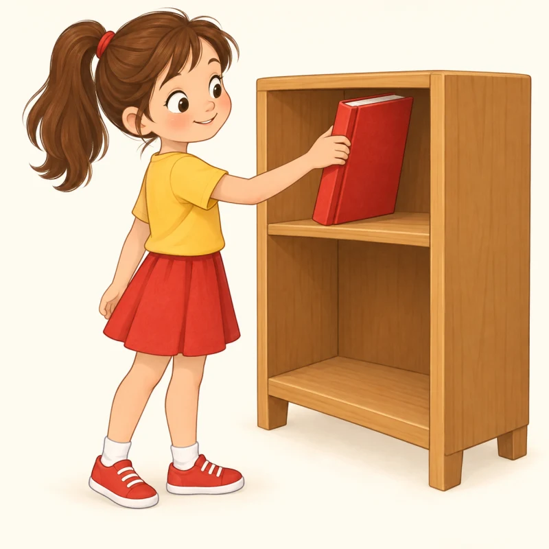 Девочка берет красную книгу с верхней полки.