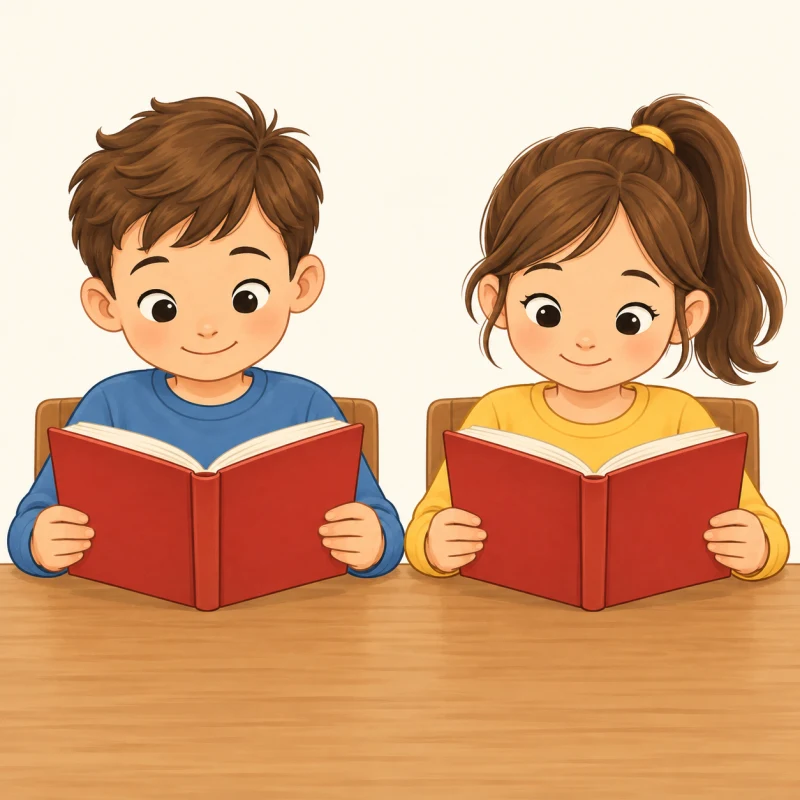 Мальчик и девочка сидят рядом и читают книги.