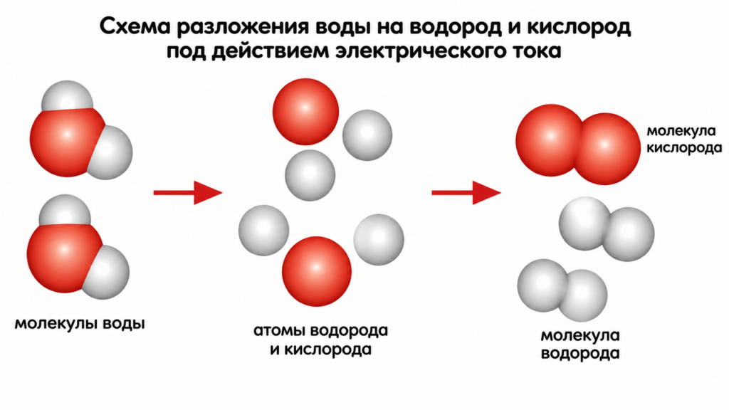 Схема разложения воды на водород и кислород под действием электрического тока