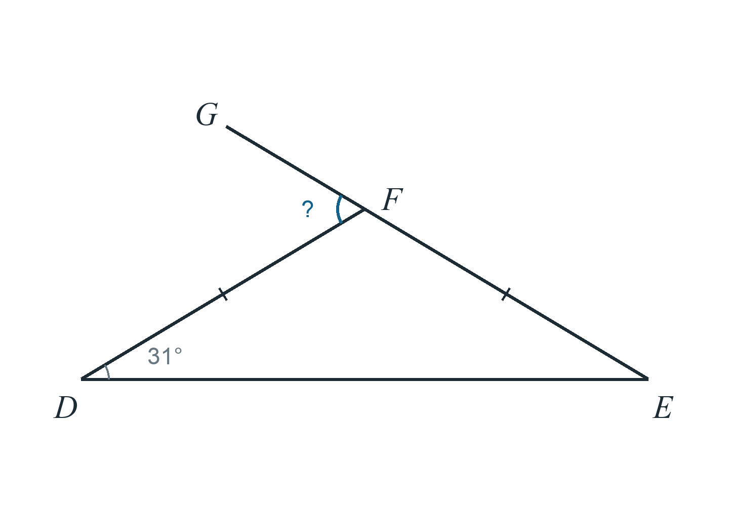 Треугольник DEF, DF=EF, угол D 31°. Сторона EF продолжена за F до G. Найти угол DFG.