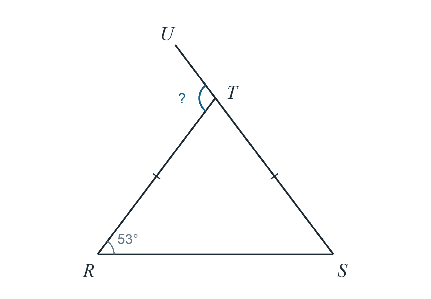 Треугольник RST, RT=ST, угол R 53°. Сторона ST продолжена за T до U. Найти угол RTU.