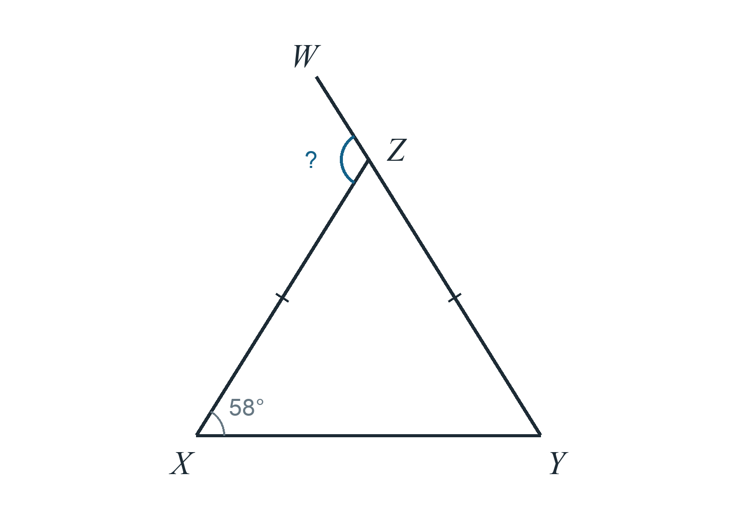 Треугольник XYZ, XZ=YZ, угол X 58°. Сторона YZ продолжена за Z до W. Найти угол XZW.