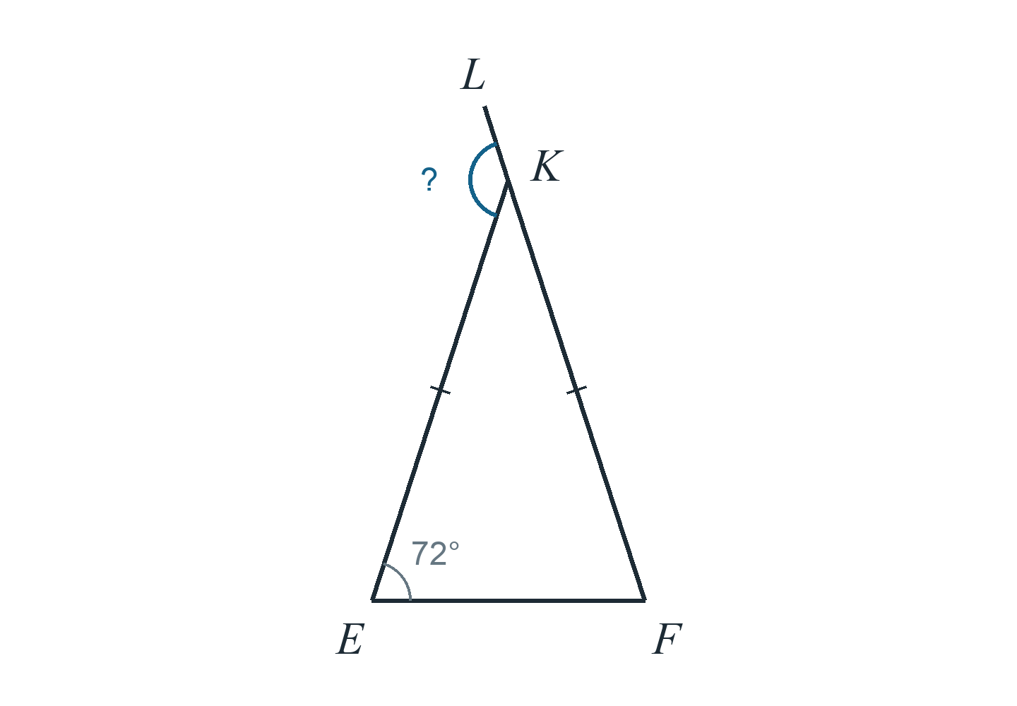 Треугольник EFK, EK=FK, угол E 72°. Сторона FK продолжена за K до L. Найти угол EKL.