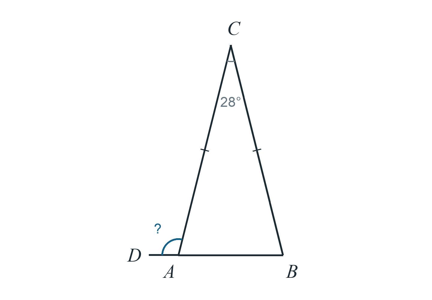 Треугольник ABC, AC=BC, угол C 28°. Сторона BA продолжена за A до D. Найти угол CAD.
