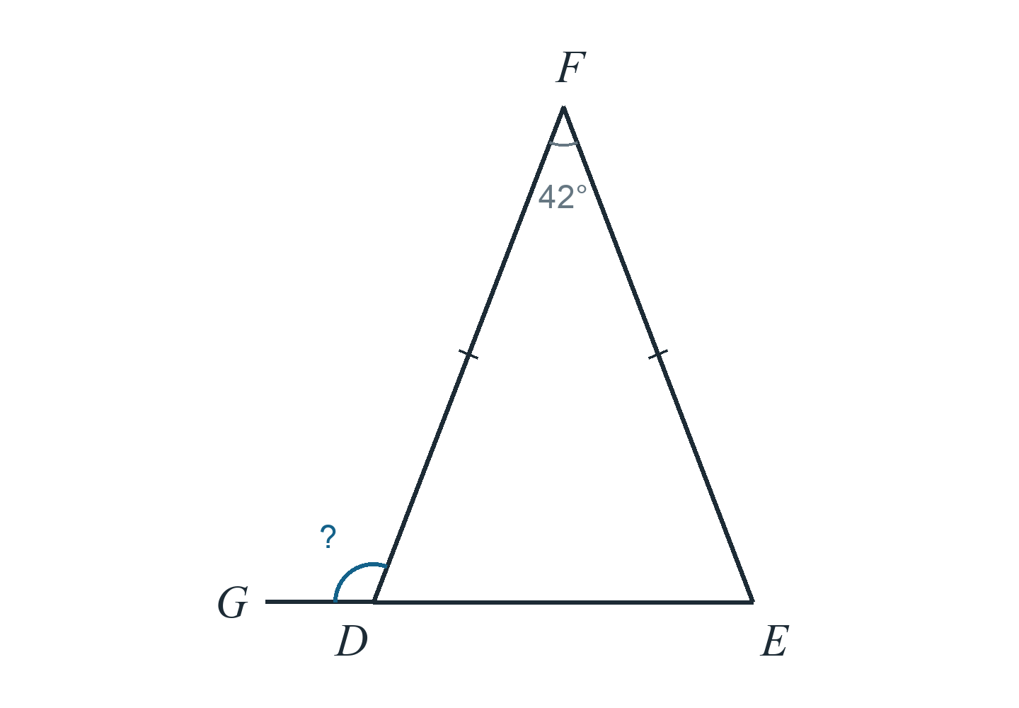 Треугольник DEF, DF=EF, угол F 42°. Сторона ED продолжена за D до G. Найти угол FDG.