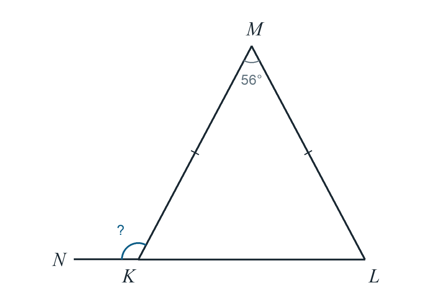 Треугольник KLM, KM=LM, угол M 56°. Сторона LK продолжена за K до N. Найти угол MKN.