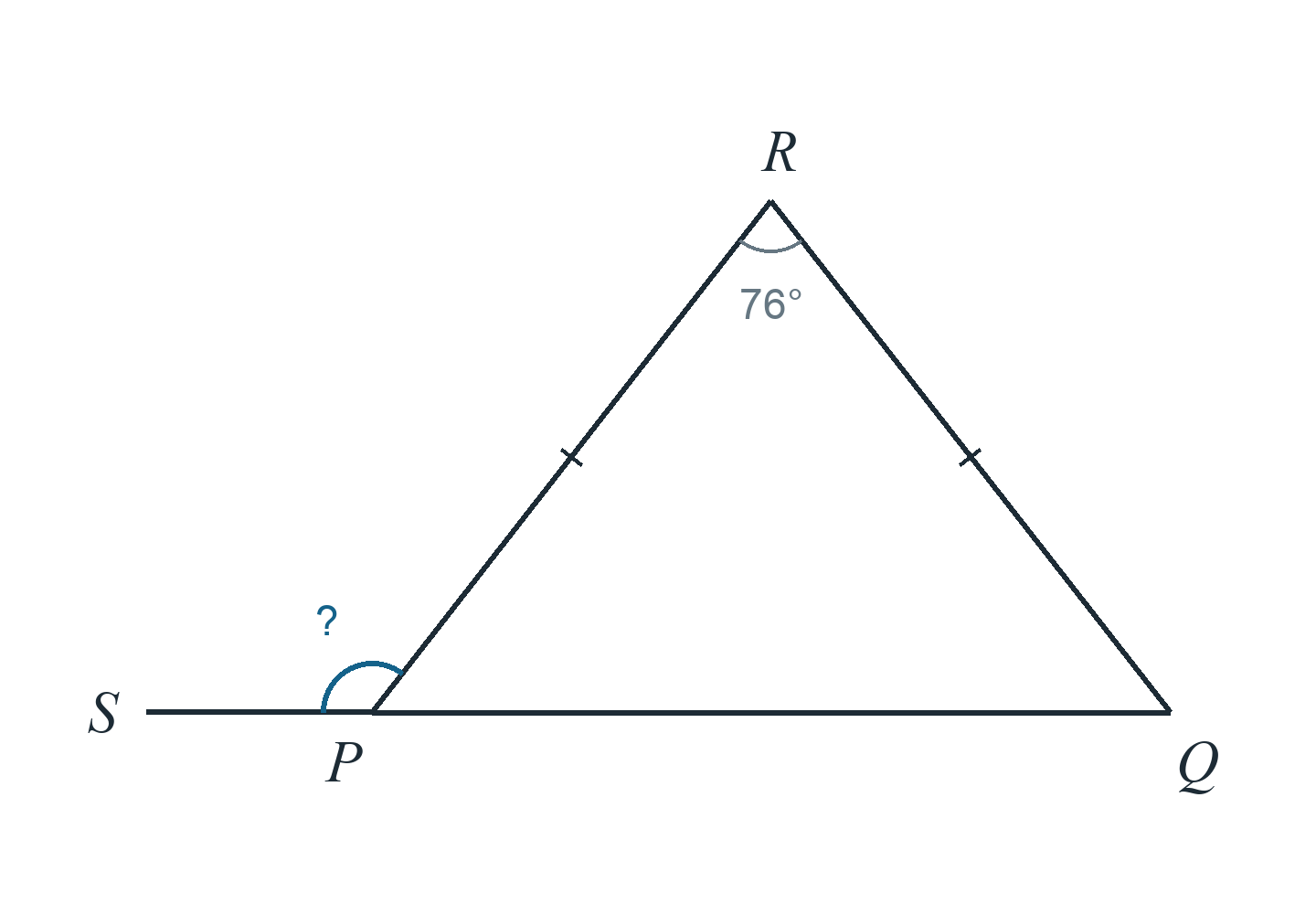 Треугольник PQR, PR=QR, угол R 76°. Сторона QP продолжена за P до S. Найти угол RPS.