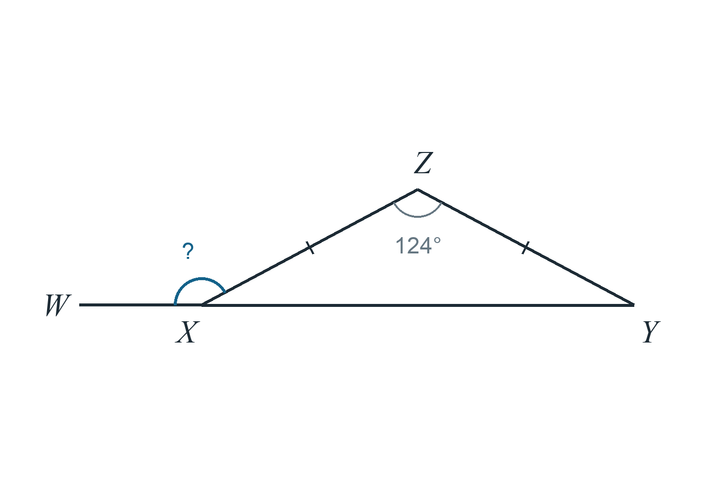 Треугольник XYZ, XZ=YZ, угол Z 124°. Сторона YX продолжена за X до W. Найти угол ZXW.