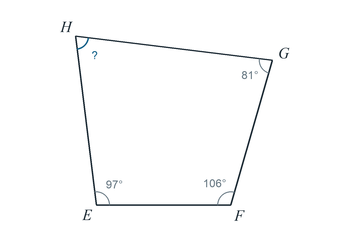 Выпуклый 4-угольник EFGH. Угол E 97°, Угол F 106°, Угол G 81°. Найти угол H.