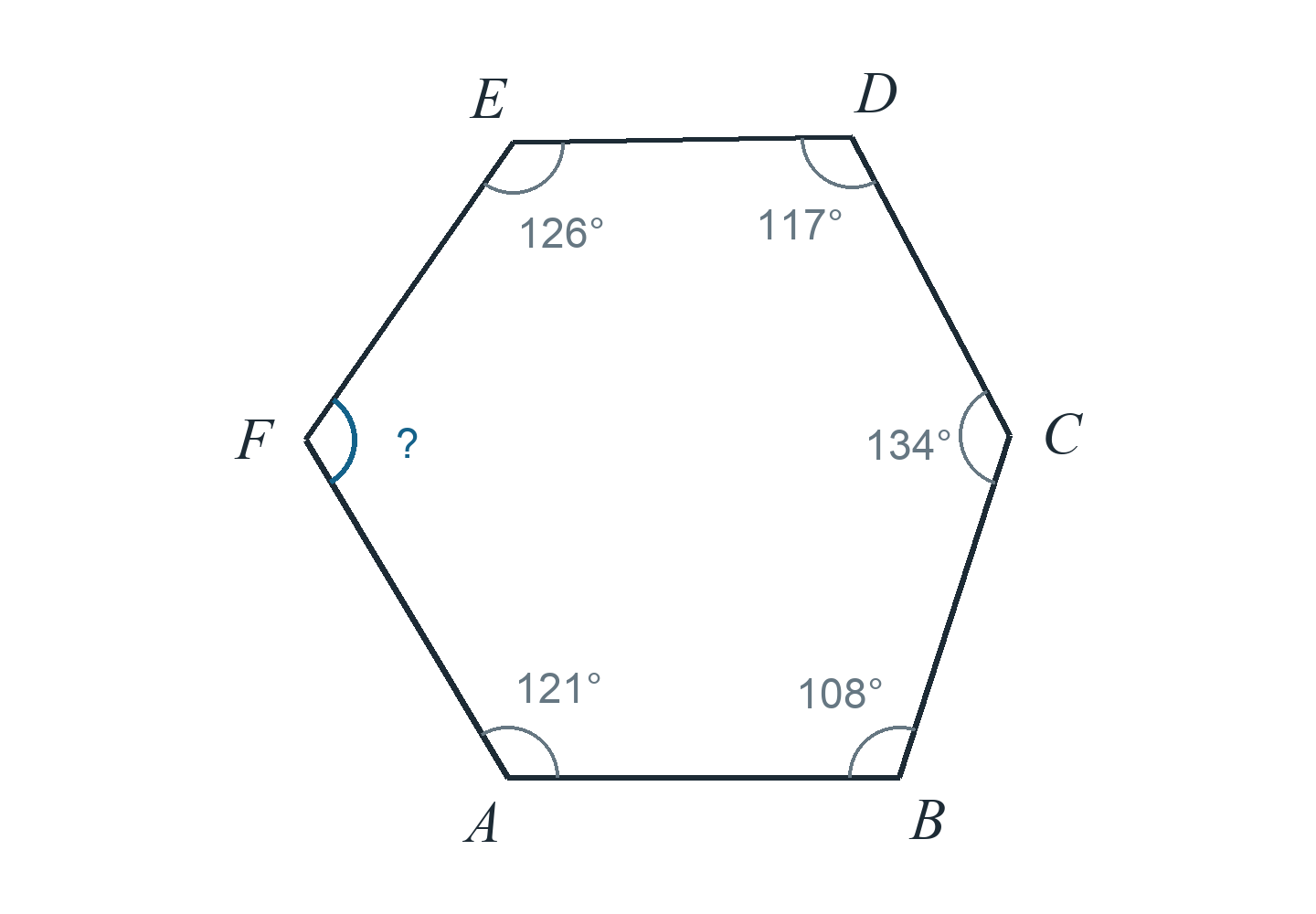 Выпуклый 6-угольник ABCDEF. Угол A 121°, Угол B 108°, Угол C 134°, Угол D 117°, Угол E 126°. Найти угол F.