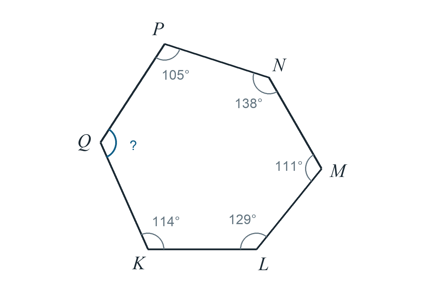 Выпуклый 6-угольник KLMNPQ. Угол K 114°, Угол L 129°, Угол M 111°, Угол N 138°, Угол P 105°. Найти угол Q.